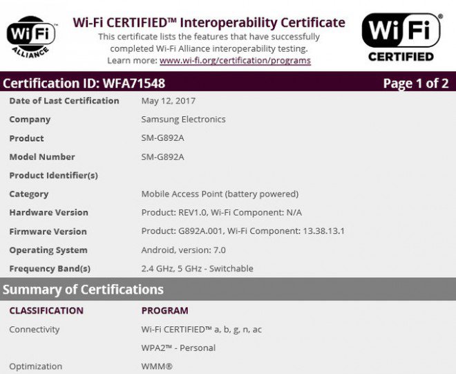 Samsung Galaxy S8 Active Certificazione WiFi
