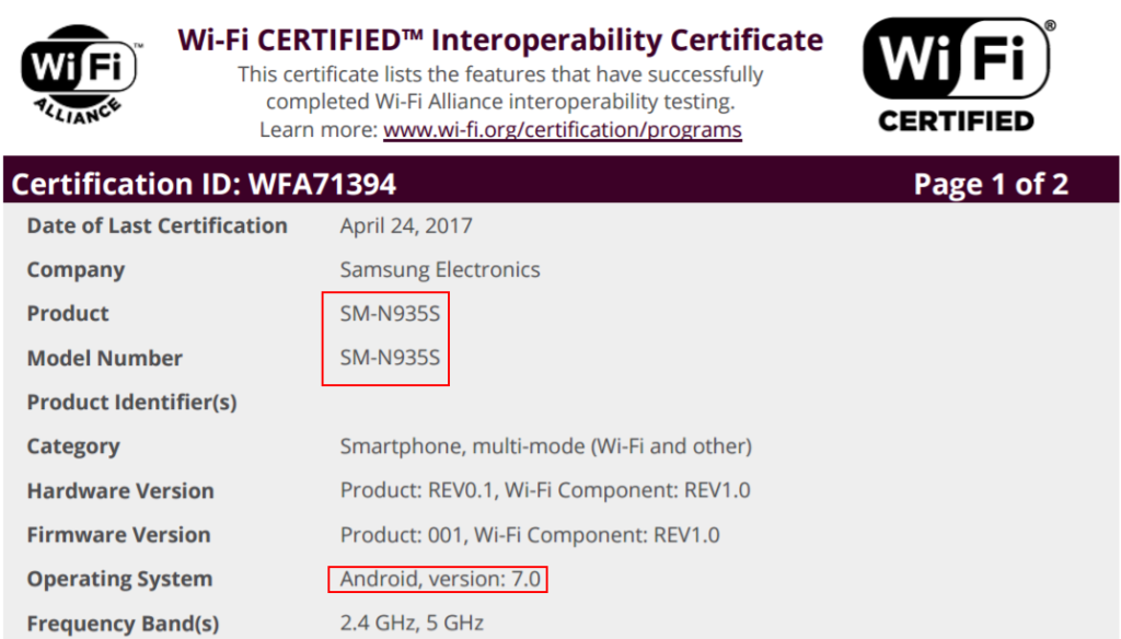 Samsung Galaxy Note 7 Certificazione WiFi