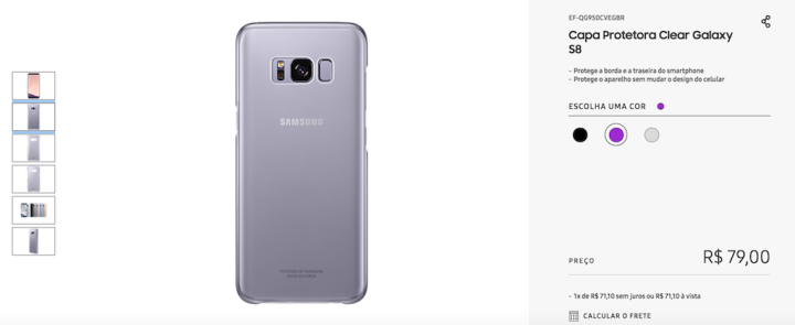 Samsung Brasile ha messo in listino un case protettivo in tre colorazioni nero, black e violetto ("violeta" in portoghese). Cliccando sull'ultima versione vengono mostrate foto di un Galaxy S8 in colorazione Orchid Grey. I casi sono due: o c'è una nuova versione in arrivo o Samsung Brazil si diverte a trollare. Se volete S8 in questo colore tenete le dita incrociate, forse nelle prossime settimane ci saranno novità al riguardo. Non è da escludere che alcune varianti cromatiche vengano distribute solo in certi mercati, ma comunque si tratta di nostre speculazioni e non ci sono conferme ufficiali al riguardo.